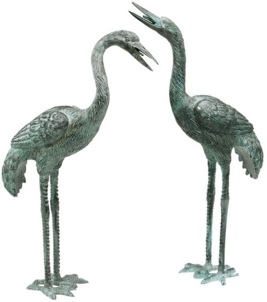 Crane Bronze Set Of Two Piped Sculptures Garden Decor Bronzes